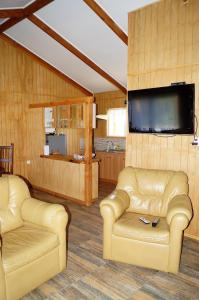 sala de estar con 2 sofás y TV de pantalla plana en Cabañas 4 Volcanes Frutillar, en Frutillar