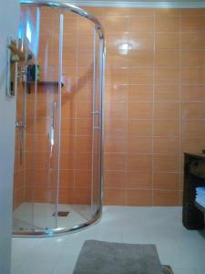 a shower with a glass door in a bathroom at Nađ Holiday Home in Privlaka