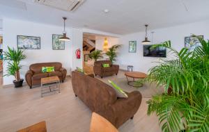 uma sala de estar com sofás e cadeiras e vasos de plantas em Checkin Garbí em Calella