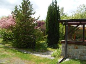 a garden with a tree and a stone wall at Ferienbungalow Daniela in Hoppenwalde