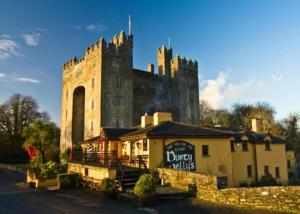 a building with a castle in the background at Bunratty Holiday Homes in Bunratty