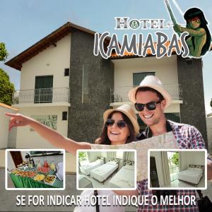 a collage of photos of a couple in front of a house at Hotel Icamiabas in Parintins