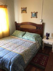 a bedroom with a bed with a blue comforter at Hospedaje Freire in Osorno