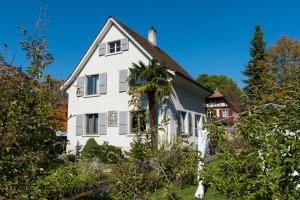 a white house with a palm tree in front of it at B&B Kalimera Pratteln in Pratteln