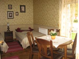 ein Schlafzimmer mit einem Tisch, einem Bett, einem Tisch und Stühlen in der Unterkunft Kalbuse House in Treimani
