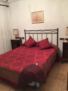 1 dormitorio con 1 cama con edredón rojo en Casa vitorianet, en Alcampel