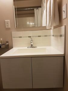 a bathroom counter with a sink and a mirror at Holiday Motel & RV Resort in Hope