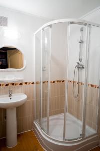a shower with a glass door next to a sink at Belovezhskaya pushcha Hotel №2 in Kamenyuky