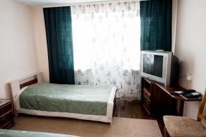 a bedroom with a bed and a tv and a window at Belovezhskaya pushcha Hotel №2 in Kamianiuki
