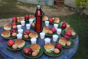 ein Tisch mit Tellern mit Sandwiches und einer Flasche Limonade in der Unterkunft Shuklaphanta Jungle Cottage in Bahāsi
