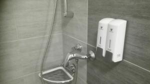 a bathroom stall with a toilet and a soap dispenser at Ferienwohnungen Paul und Dorothea in Döllstädt +90 photos