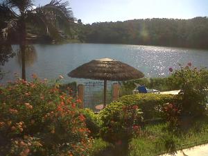 a table with an umbrella next to a lake at Recanto Bela Vista in Caconde