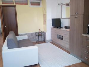 ein Wohnzimmer mit einem weißen Sofa und einem TV in der Unterkunft La Piazzetta in Austis