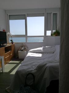 トレビエハにあるUna ventana al marのベッドルーム1室(窓2つ、ベッド1台、テレビ付)