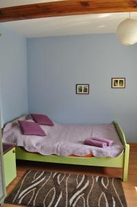 カジミエシュ・ドルニにあるPokoje Gościnne AGAのベッドルーム(紫の毛布を使用した二段ベッド付)