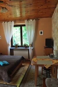 a bedroom with a bed and a table and a window at Pokoje Gościnne AGA in Kazimierz Dolny