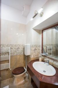 ein Badezimmer mit Waschbecken, Toilette und Spiegel in der Unterkunft History Apartments Cetății in Sibiu