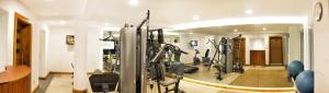 een fitnessruimte met loopbanden en crosstrainers in een kamer bij The Zehneria By Sarovar Portico India in Nairobi