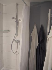 a bathroom with a shower with a shower curtain at Schönes Apartment Blau zentral in Bremen