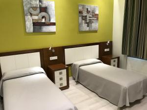 2 camas en una habitación con paredes verdes en Apartamentos Apolo, en Madrid