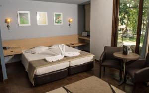 a bedroom with a bed and a table and a chair at Hotel Ifigenia in Leptokarya