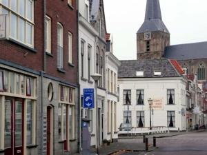 een stadsstraat met gebouwen en een klokkentoren bij De Zilveren Karper in Kampen