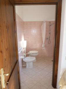 La salle de bains est pourvue de toilettes, d'un lavabo et d'une douche. dans l'établissement Agriturismo Vaddidulimu, à Luogosanto