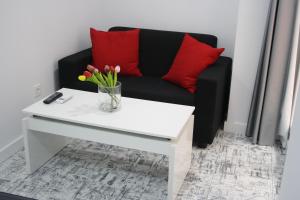 Sofá negro con almohadas rojas y mesa de centro blanca en Smart Tech Plaza Studio, en Salamanca