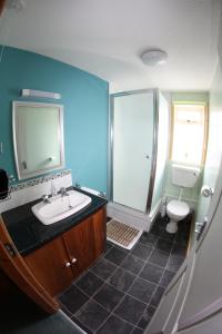 a bathroom with a sink, toilet and shower at Orcades Hostel in Kirkwall