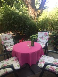 ウィーンにあるExquisites Gartenapartment in eleganter Jugendstilvillaのピンクのテーブルクロスと椅子2脚付きのテーブル