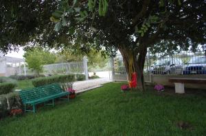 メタポントにあるAll'ombra del Carrubo - Metapontoの木の横の緑の公園ベンチ
