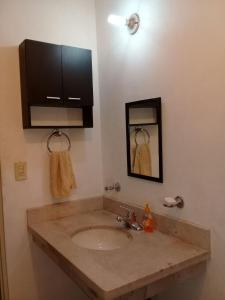 uma casa de banho com um lavatório e um espelho em Consulado Suites em Monterrey