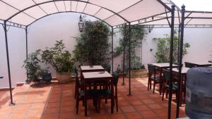 eine Terrasse mit Tischen und Stühlen in einem Gewächshaus in der Unterkunft Edificio Sagasti in Piriápolis