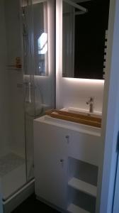 een witte badkamer met een wastafel en een douche bij B&B Wannes Suite in Leuven