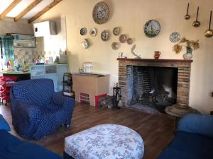 salon z kominkiem i niebieską kanapą w obiekcie Casa rural en Constantina w mieście Constantina