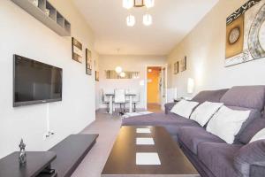 a living room with a purple couch and a tv at Apartamento Alcalá Real in Granada