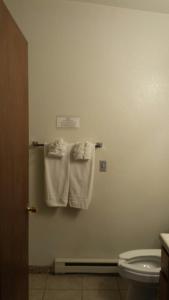 a bathroom with towels hanging on a wall at Western Inn Motel & RV Park in Fairplay