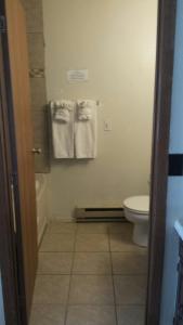 a bathroom with a toilet and towels on a wall at Western Inn Motel & RV Park in Fairplay