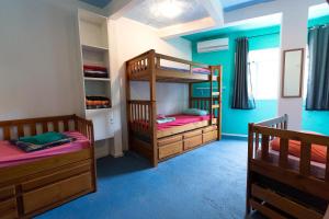 two bunk beds in a room with blue walls at Natural Do Rio Guesthouse in Rio de Janeiro
