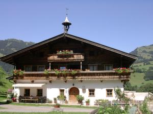 una casa en las montañas con flores en el techo en Malernhof en Kitzbühel