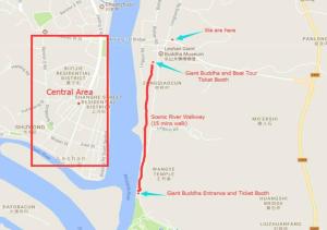 eine Karte der Innenstadt von Aukland mit einer roten Linie in der Unterkunft Peace Inn The Leshan Giant Buddha Branch in Leshan