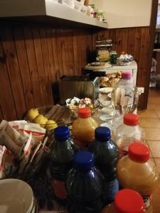 Hotel Rivazza في إيمولا: مجموعة من الزجاجات البلاستيكية موجودة على منضدة في المطبخ