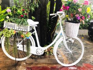 a white bike parked next to a tree with flowers at Champey Villa in Siem Reap
