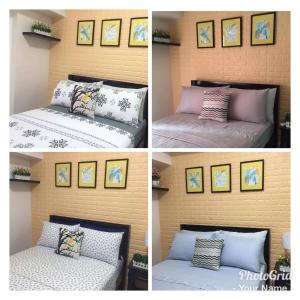four different pictures of a bed in a room at Sky's at Prime Residences -Tagaytay in Tagaytay
