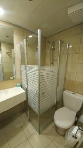 a bathroom with a toilet and a shower and a sink at Regina Goren Hotel in Ashqelon