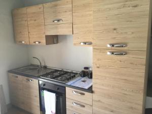 a kitchen with a stove and wooden cabinets at Casa da Maria in Prazeres