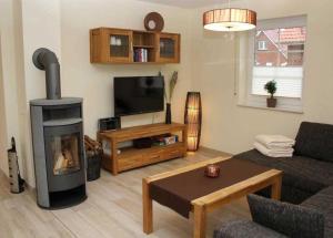 a living room with a fireplace and a television at Ferienhaus Strandperle in Garrel