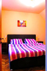 ein Schlafzimmer mit einem Bett mit einer rosa und lila Decke in der Unterkunft Citadel Park Apartment in Sighişoara