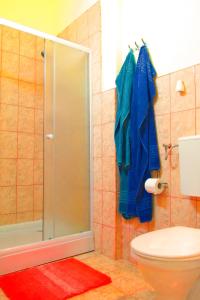 y baño con ducha, aseo y toalla. en Citadel Park Apartment, en Sighişoara