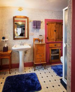 a bathroom with a sink and a mirror and a toilet at Holden House 1902 Bed & Breakfast Inn in Colorado Springs +52 photos